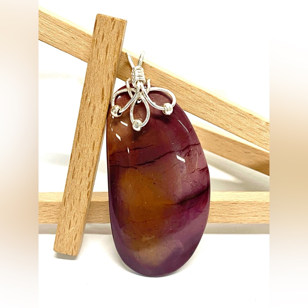 HANDMADE Mookaite Jasper Wire Wrapped Statement Pendant with SS Bead Accent